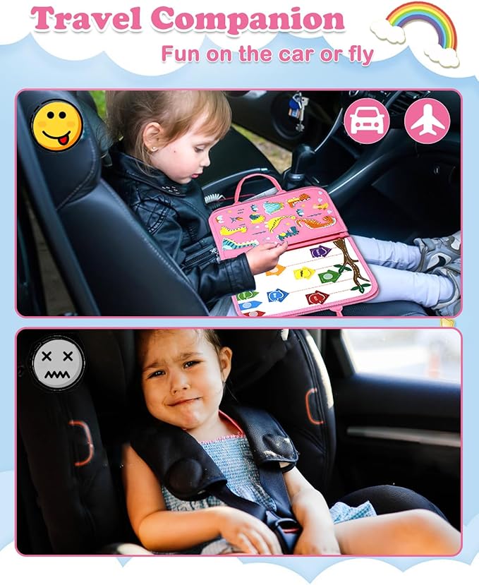 VARANO Montessori Busy Board Book Toy for 1 2 3 4 Year Old, Educational Sensory Toys for Toddlers 1-3, Car & Airplane Activities for Travel and Learning – Gifts for Boys and Girls (Pink Dino)