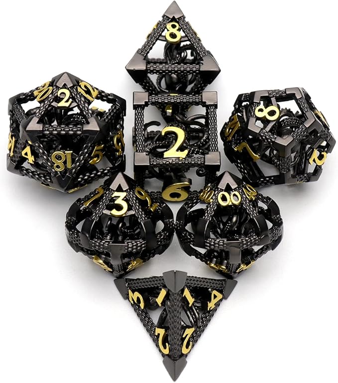 DND Dice, Dungeons and Dragons Metal Dice Set Polyhedral Role Playing Gaming HNCCESG Hollow Cthulhu Dice for Table Game RPG (Black)