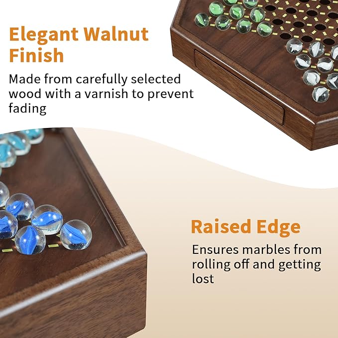 Chinese Checkers Set, 15 Inch Wooden Checkers Board Game with 60+12 Colorful Glass Marbles Fun Family Chinese Checkers Game for 2-6 Players