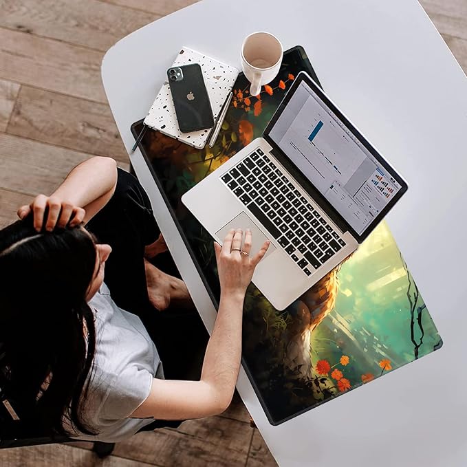 Playmat with Zones for MTG Card Game Playing, 24"x14" Commander Deck Gaming Desk Duel Mat for Beginner, Forest Fox