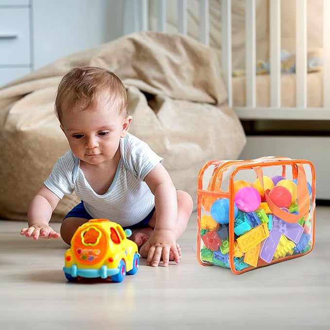 9 Pcs Toy Storage Bags, Clear PVC Toy Organizer Bag Include 6Pcs Large Handheld and 3Pcs Medium Zipper Bags with Labels for Organizing Board Game, Building Blocks (Colorful)