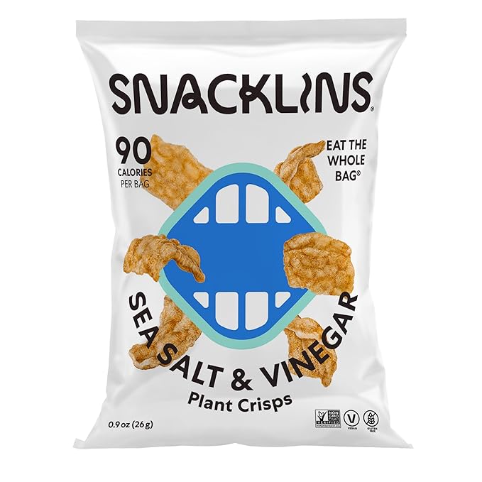 SNACKLINS Plant Based Crisps SEA SALT & VINEGAR - Gluten Free, Grain Free, 100% Kosher, Vegan Healthy Snacks, Crunchy Puffed Snack, Only 100 Calories Per Bag - .9oz Bag (Case of 6)