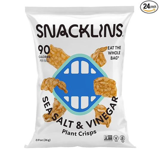 SNACKLINS Plant Based Crisps SEA SALT & VINEGAR - Gluten Free, Grain Free, 100% Kosher, Vegan Healthy Snacks, Crunchy Puffed Snack, Only 100 Calories Per Bag - .9oz Bag (Case of 24)