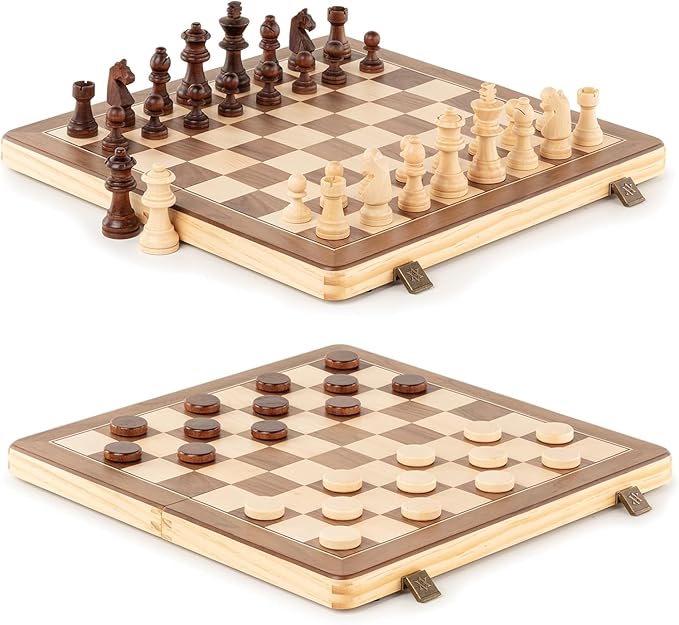 A&A 15" Magnetic Wooden Chess Set/Folding Board / 3" King Height German Knight Staunton Chess Pieces/Mahogany & Maple Inlaid /2 Extra Queen