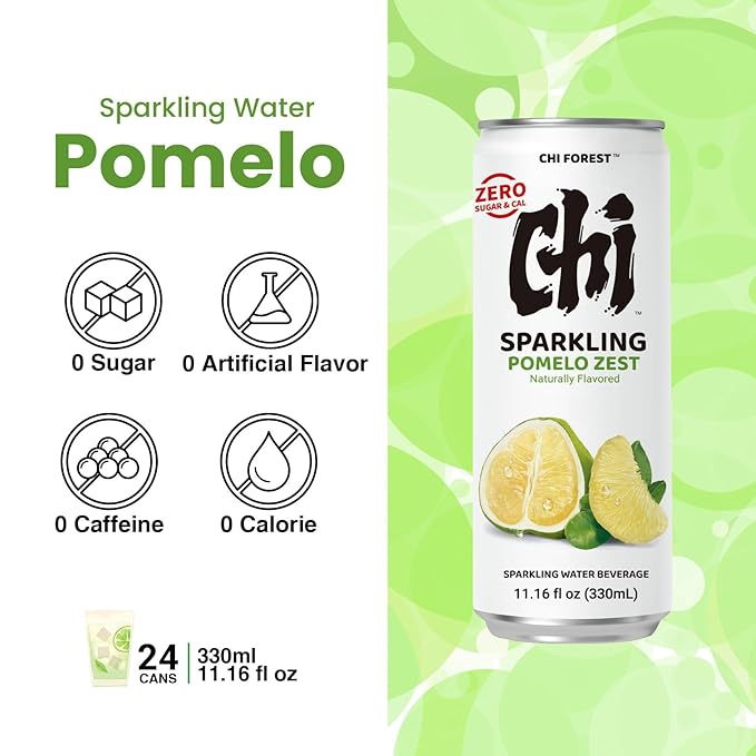 CHI FOREST Pomelo Sparkling Water Beverage, Zero Sugar Drinks, Zero Artificial Flavor, 11.16 fl oz Cans (Pack of 24)