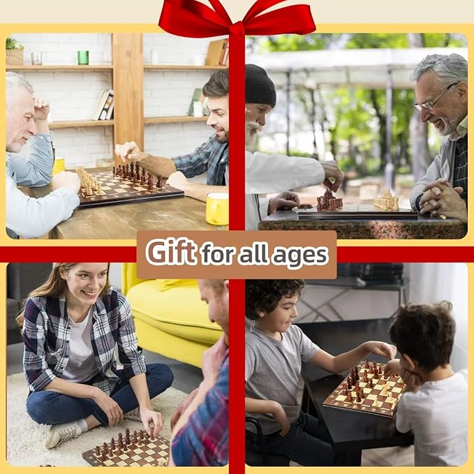 11.4" 3-in-1 Magnetic Chess, Checkers, and Backgammon Set - Extra Queens - Wooden portable and foldable Board game, Travel Game Set for Adults, Kids and Elder - Gift for parents and children