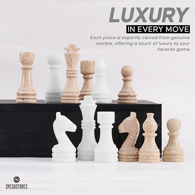 Marble Chess Set 15 Inch White & Travertine Checkers Board Game with Pieces, 2 Extra Queens and Storage Box, Strategy Set for Adults & Family, Travel, Tabletop Play