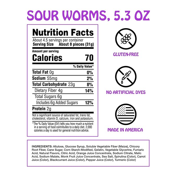 Rotten Sour Gummy Worms - Low Sugar, Low Calorie, 7g Gut-Friendly Prebiotic Fiber and 3g Protein, Gluten Free Candy - 5.3 oz Share Pack [4 Pack]