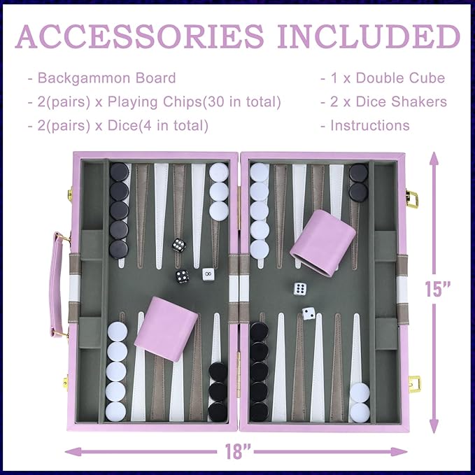 Backgammon Sets for Adults, 15 inch Backgammon Brown Sets Classic Board Game with Premium Leather Case, Portable Travels Strategy Backgammon Game Set for Adults, Kids (Purple)
