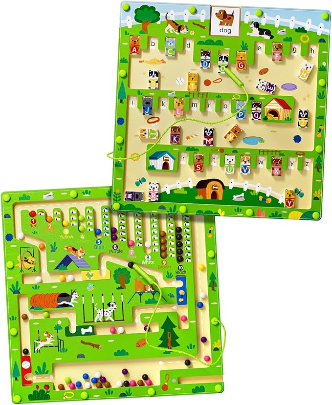2 in 1 Magnetic Color and Number Maze Magnet Alphabet Counting Dog Puzzle Double Sided Board Fine Motor Skills Montessori Educational Preschool Toys for Boys and Girls 3-5 Age (Wood, One Size)