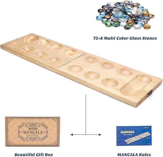 AMEROUS Wooden Mancala Board Game Set - Upgraded Larger Size - 72+8 Bonus Multi Color Glass Stones - Folding Board - Gift Package -Instructions, Portable Board Game for Adults, Kids
