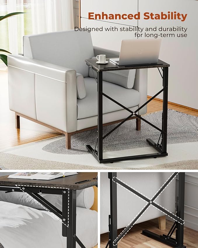 21''Wx28''H Folding TV Tray for Eating, Small Foldable C-Shaped Tray Table with Tablet and Phone Slots, Slide Under Couch Side Table for Recliner, Living Room, Bedroom, Deep Grey