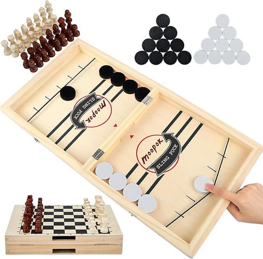 Fast Sling Puck Game - 2 in1 Chess Board and Desktop Battle Super Winner Game,Fast Action Wooden Air Hockey Board Game,Adults and Kids Family Friend Funny Slingshot Game Toys