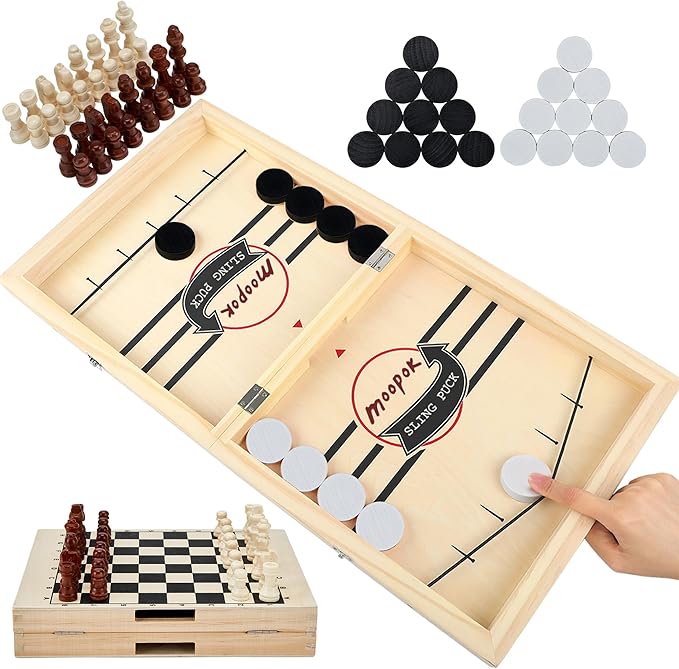 Fast Sling Puck Game - 2 in1 Chess Board and Desktop Battle Super Winner Game,Fast Action Wooden Air Hockey Board Game,Adults and Kids Family Friend Funny Slingshot Game Toys