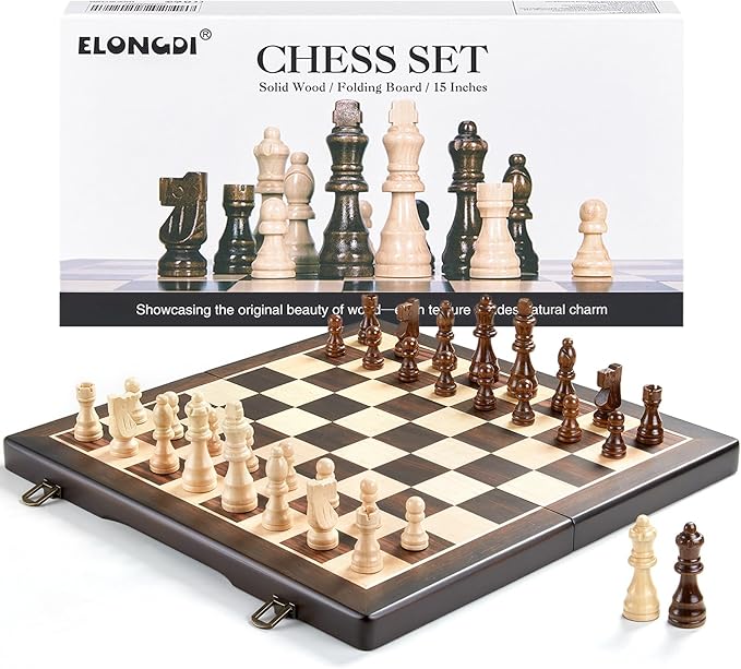 Magnetic Wooden Chess Set for Adults Kids,15" Folding Chess Board with Wood Texture 2 Extra Queens - Handmade Pieces Travel Board Games for Professional Beginner
