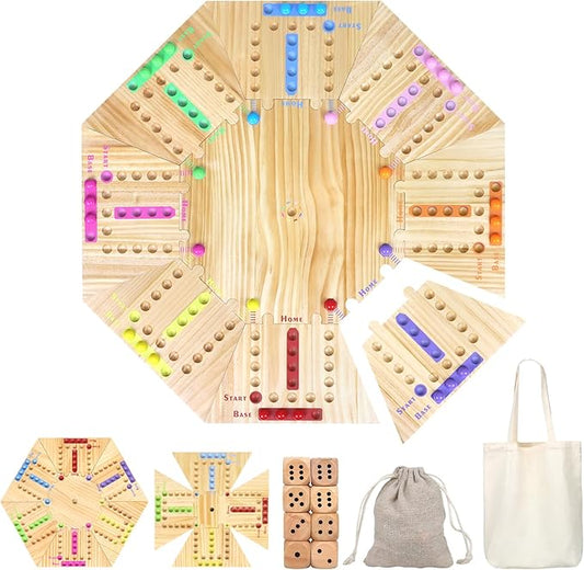 Marble Game Board Wooden, 24" Large Size Detachable Fast Track Board Game for 2-8 Players, Classic Marble Game with 32 Marbles and 8 Dices for Family, Friends, Party Night