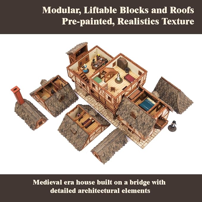Fawlty Manor (Pro Texture) - Bridge Dwelling - Medieval Tavern - Medieval Europe Series - 3D Puzzle - Architectural Model Kit - DIY - 28mm Scale – 465 Pieces – Ages 15 Years and Above