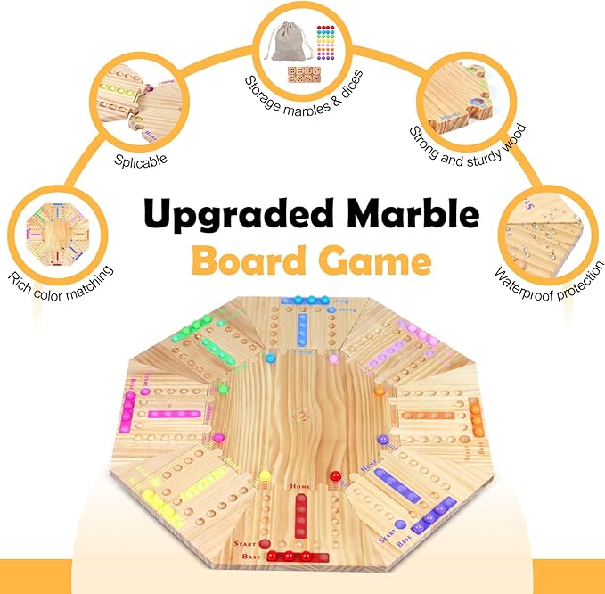 Marble Game Board Wooden, 24" Large Size Detachable Fast Track Board Game for 2-8 Players, Classic Marble Game with 32 Marbles and 8 Dices for Family, Friends, Party Night