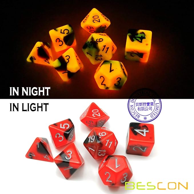 Bescon Two-Tone Glow-in-The-Dark Polyhedral Dice Set HOT Rocks, Luminous RPG Dice Set d4 d6 d8 d10 d12 d20 d% Brick Box Pack