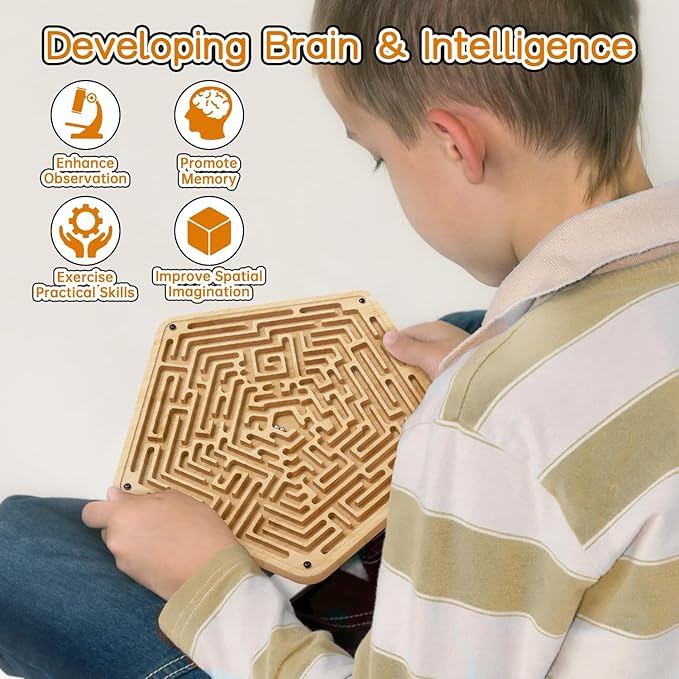 Labyrinth Board Game with Two Metal Balls,Wooden Marble Maze Games,Marbles-Balancing & Strategy Game, Brain Teasers Puzzle Toy Gifts for Kids Teens Adults