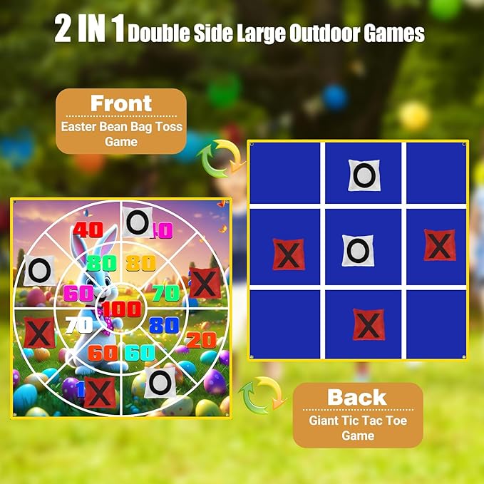 2-in-1 Outdoor Games Large Bunny Egg Bean Bag Toss & Giant Tic Tac Toe 4.5Ft, Double-Sided Lawn Yard Game for Kids Adults, Easter Party, Camping Backyard Carnival Field Day, Family Reunion Fun