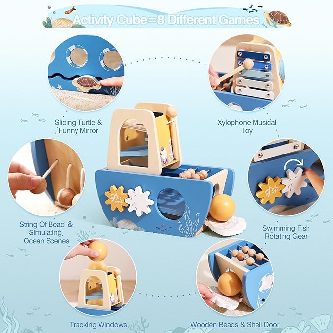 let's make Wooden Activity Cube 8-in-1 Montessori Toys Includes Object Permanent Box Early Learning Activity Cube Montessori Sensory Toys for Toddler Baby First Birthday Gifts