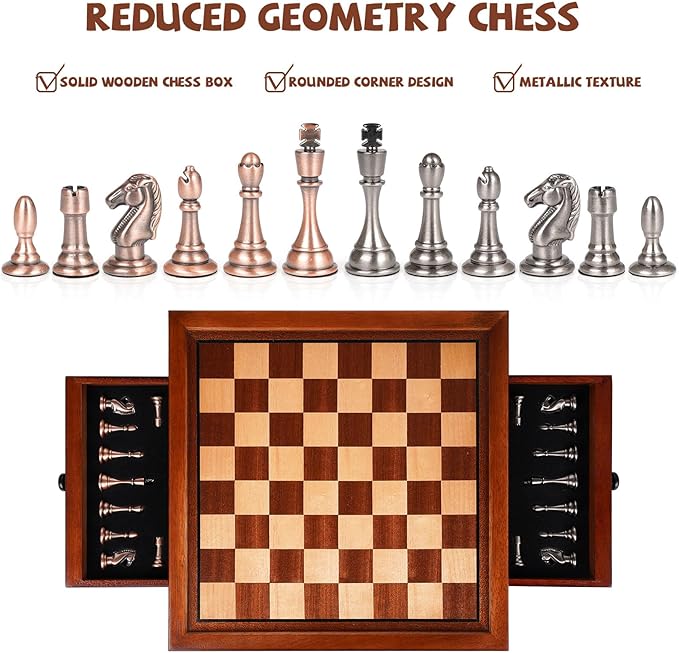 12.5-Inch Wooden Chess Set with Weighted Metal Chess Pieces, Storage Drawer Wooden Chess Board, Includes 2 Extra Queens – Premium Board Games Metal Chess Set for Adults and Chess Enthusiasts