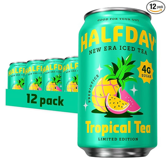 HALFDAY Prebiotic Iced Tea, Tropical Tea, Supports Digestive & Gut Health, Plant Fiber & Prebiotics, Low Sugar, 30 Calories, Natural Caffeine, Gluten Free, 12 fl oz (12 pack) Packaging May Vary