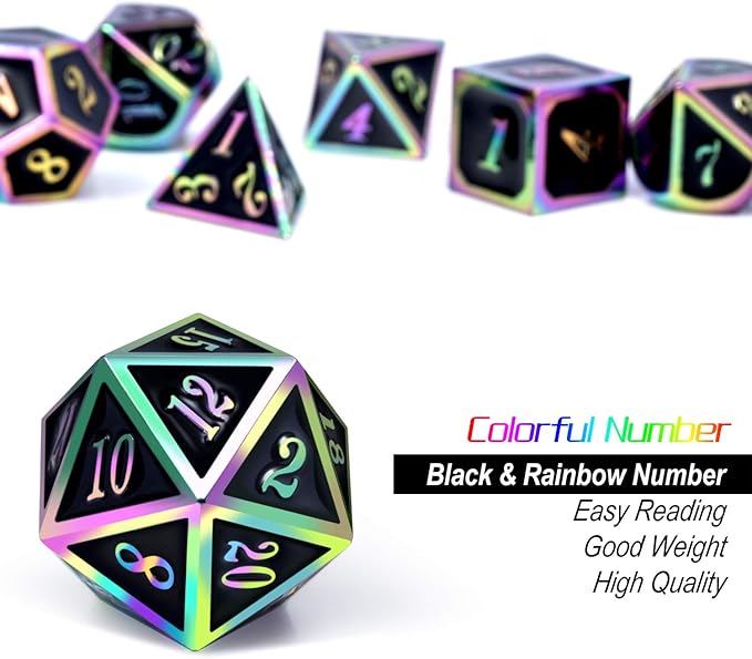 DNDND Rainbow Edge 7 Pieces Metal Dice Set DND Polyhedarl Heavy D&D Dice Set with Metal Tin for Dungeons and Dragons and Role Playing Game