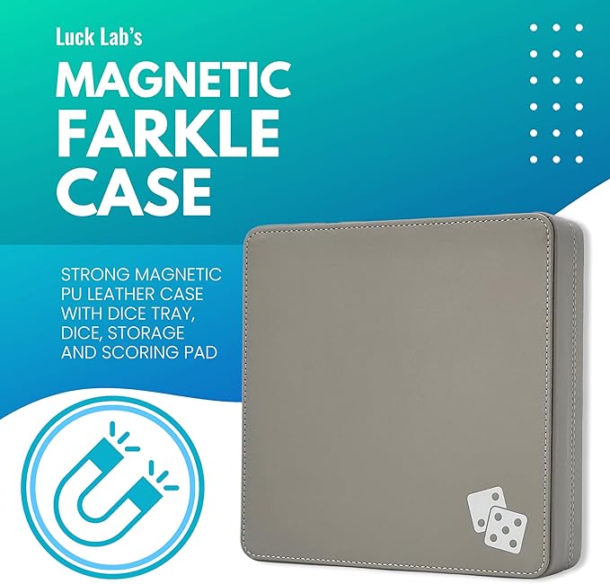 Luck Lab Farkle Dice Tray and Storage Case - Includes Embedded Scoring Combinations, 2 Sets of 6 Pearl Dice, 40 Sheet Score Pad and Pen Holder for The Classic Family Game (Grey and Turquoise)