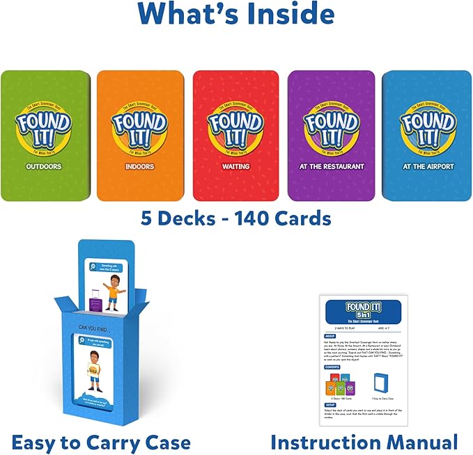 Skillmatics Scavenger Hunt Card Game - Found It 5 in 1 Megapack, Fun Family Game, 140 Cards, Search and Find, Learning & Travel Toy, Gifts for Kids, Boys, Girls, Ages 4, 5, 6, 7