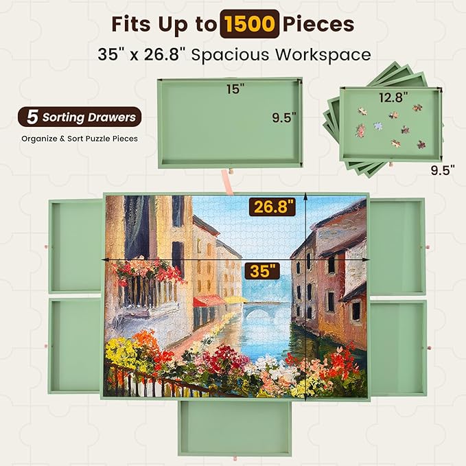 1500 Pieces Wooden Jigsaw Puzzle Board with Legs, 35"x26.8" Felt Mat Puzzle Table with 5 Drawers and Cover, 3 Adjustable Tilting Angles Up to 40° Puzzle Table for Adults and Teens, Mint Green