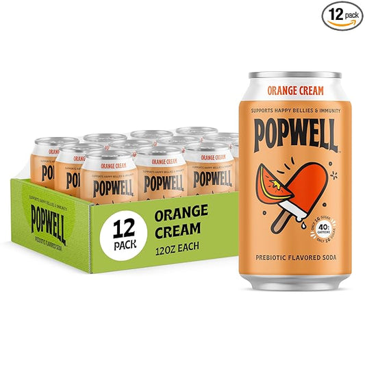 Popwell Orange Cream Caffeinated Better-For-You Prebiotic Soda, with 6g Fiber, 1g Sugar, Vitamins and Immunity Support, 12 fl oz Cans (pack of 12)