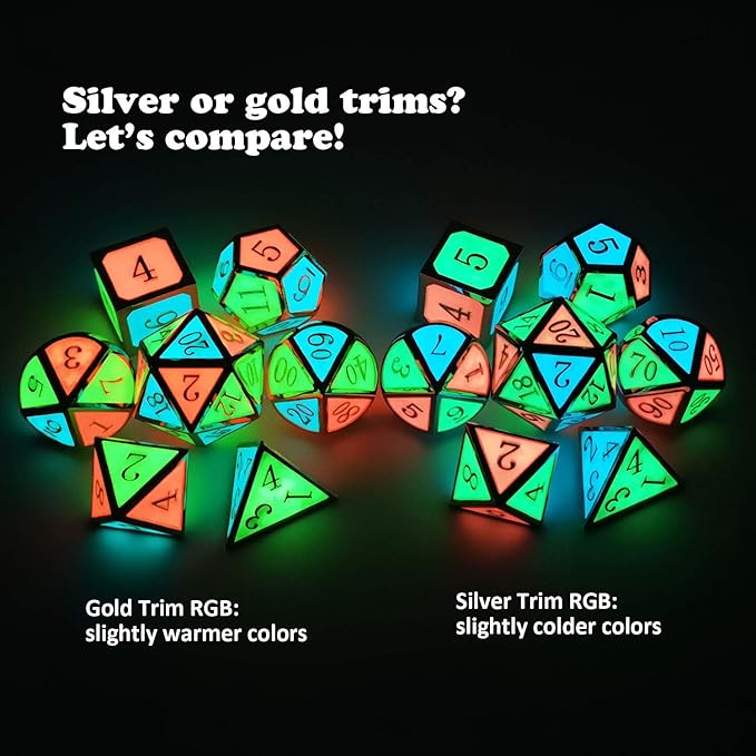 Haxtec Glow in The Dark Glowing Blue Red Green Silver Metal Dice Set D&D 7PCS DND Dice Set for Dungeons and Dragons RPG Games-Silver Glowing Blue Green Red