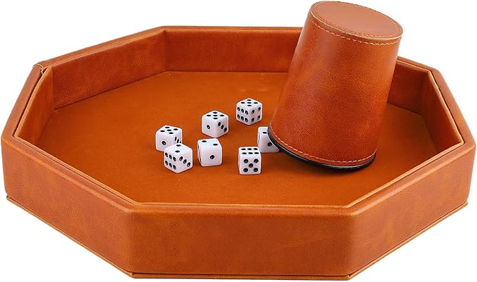 Dice Rolling Tray, Felt Lined PU Leather Octagon Dice Tray for Dungeon Crawler Games, Brown