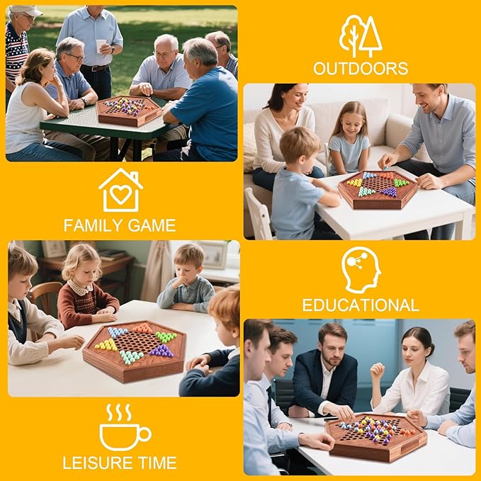 Large 15" Chinese Checkers Board Game for 2-6 Player Wooden Game Board, 16mm 60+12 Colorful Acrylic Marbles, Easy Grasping for Adults and Kids, with Storage Drawer, Fun for Family Gathering