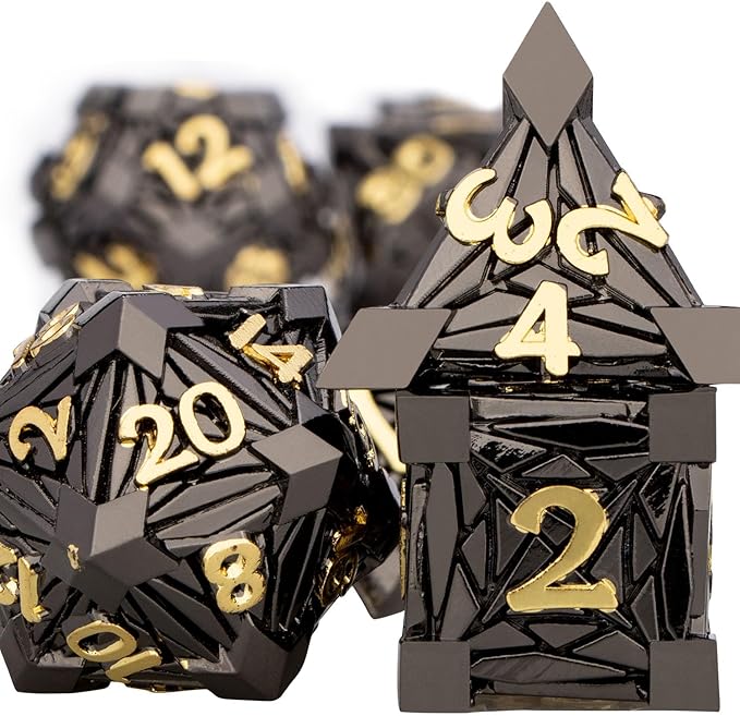 7PCS Metal DND Dice Set with Box, Debris RPG Black Gold D and D Dice for use with D&D Tabletop Games Role Playing Game Polyhedral Dice Set D20 D12 D10 D8 D6 D4