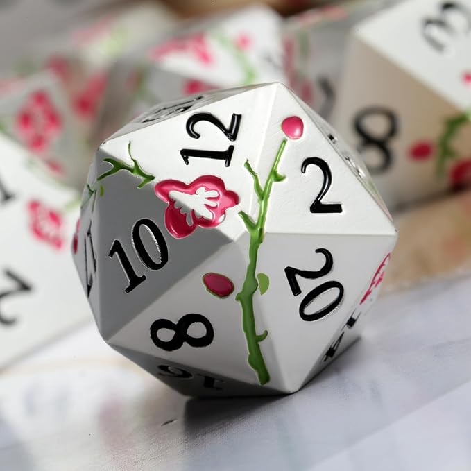 Metal Dungeons and Dragons Dice DNDND 7 PCS Heavy Metallic Flower D&D Dice Set with Gorgeous Gift Case for DND Tabletop Game (Matte Silver with Pink Flower)