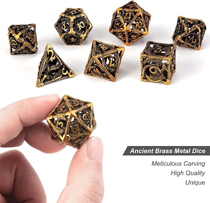 DND Dice,Hollow D&D Metal Dice,Dungeons and Dragons Dice Set with Gift Box,7 PCs Steampunk Polyhedral Dice Games Set for RPG,MTG,Pathfinder,(Dragon Ancient Golden)