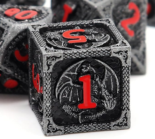 Haxtec Metal DND Dice Set Black Red Dragon D&D Dice Set with Leather Dice Bag Metal Polyhedral Dice for Dungeons and Dragons Gifts TTRPG Dice