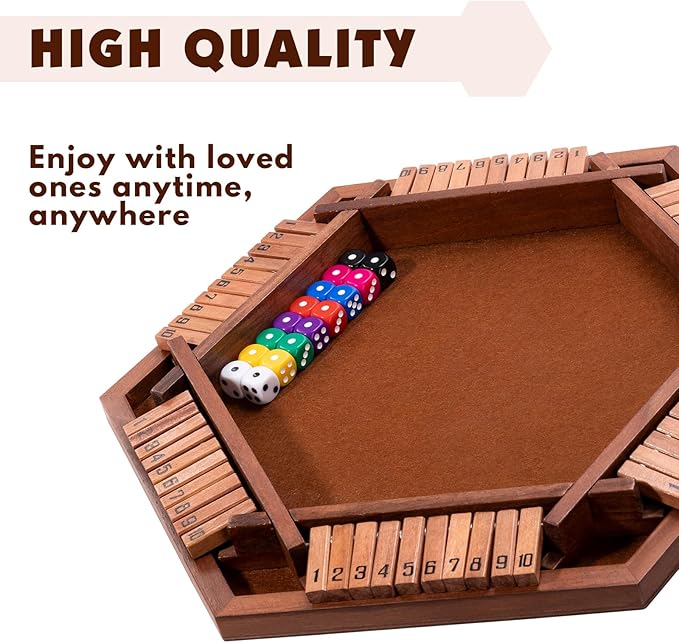 Shut The Box Wood Board Game,2-6 Player Puzzle Game, 16 Dice Educational and Entertaining Classic Tabletop Math Game for Kids