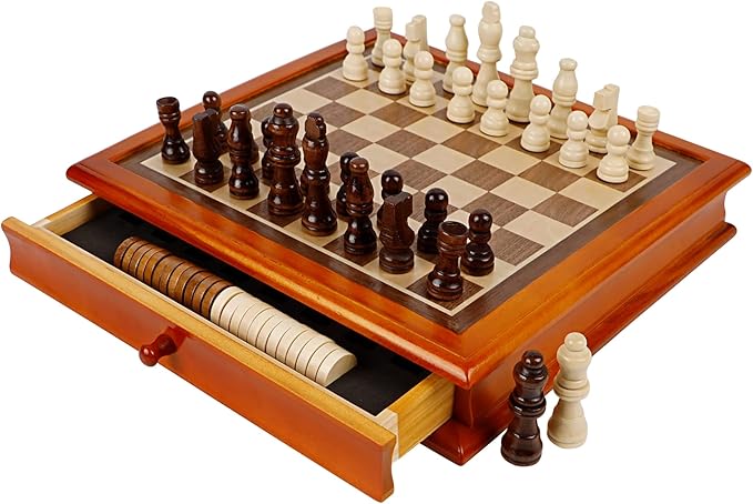 Juegoal 12-Inch Wooden Chess & Checkers Set with Storage Drawer, Portable Board Games for Kids and Adults