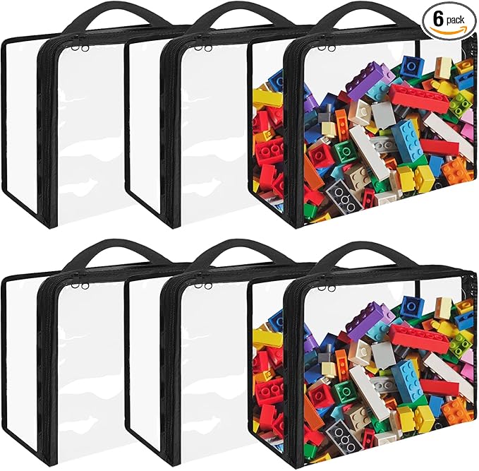 6 Pack Extra Large PVC Toy Storage Bags with Zippered Closure, Portable Toy Organizer for Board Games, Building Blocks, Books