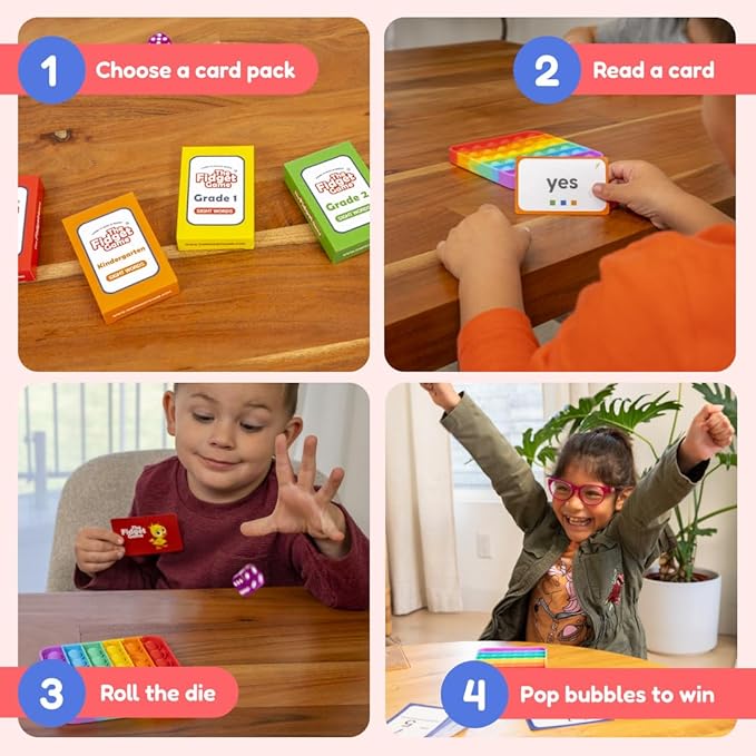 THE FIDGET GAME Grades 1 and 2 Learning Bundle - Flashcards and Pop Fidget Toys for Kids - Learning Activities and Games for High-Frequency Dolch Sight Words, Math, and Time - Includes Mats and Dice