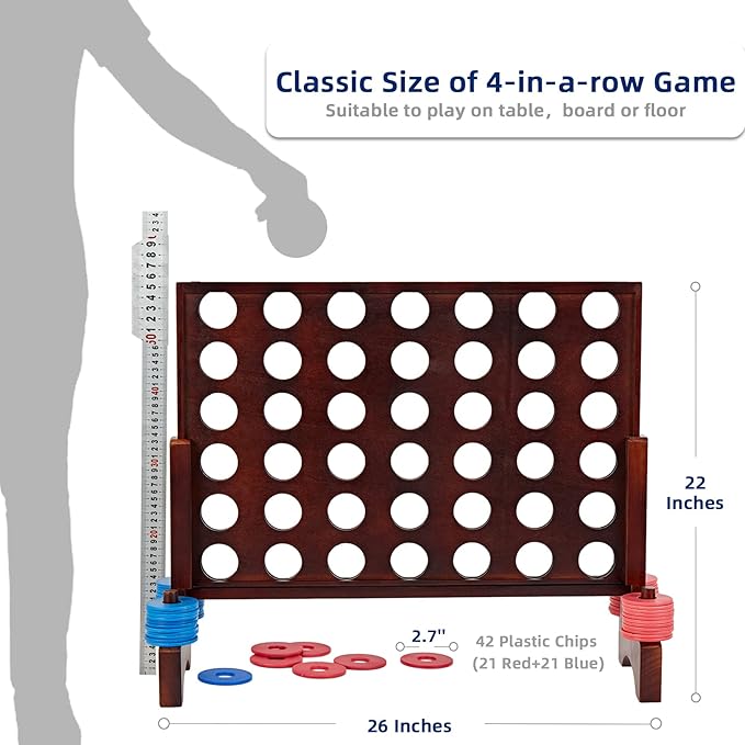Giant Wooden 4 in A Row Game - Fun Indoor and Outdoor Board Games for Teens, Includes 42 Pcs Dics and Carrying Bag