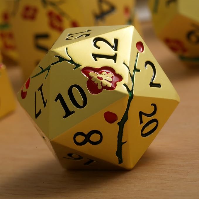 DNDND Flowers Metal Dice, 7 PCS Metallic DND Dice with Gorgeous Gift Case for D&D Dungeons and Dragon Tabletop Game (Red Flowers with Gold)