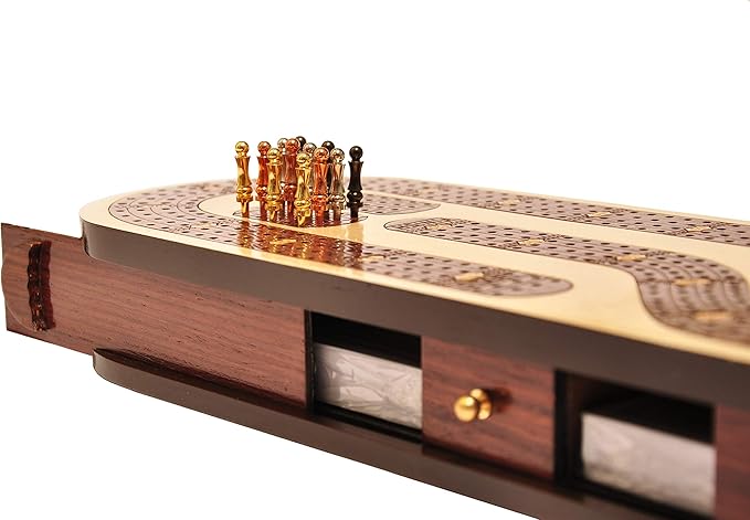 PALM ROYAL HANDICRAFTS 4 Track Wooden Cribbage Board Set Inlaid in Rose Wood and Maple Wood with pegs and Cards. Storage Available. 4 Player Cribbage Board (15 x 5 Inches)