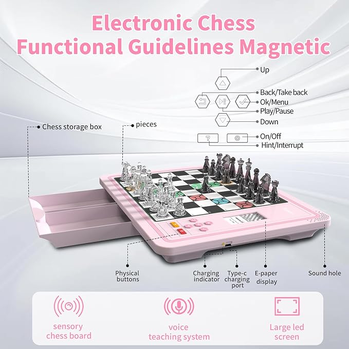 Electronic Chess Set, Computer Chess Game, Chess Set Board Game, Electronic Chess Game, LEDs, Built-in Battery, Great Partner for Play and Practice