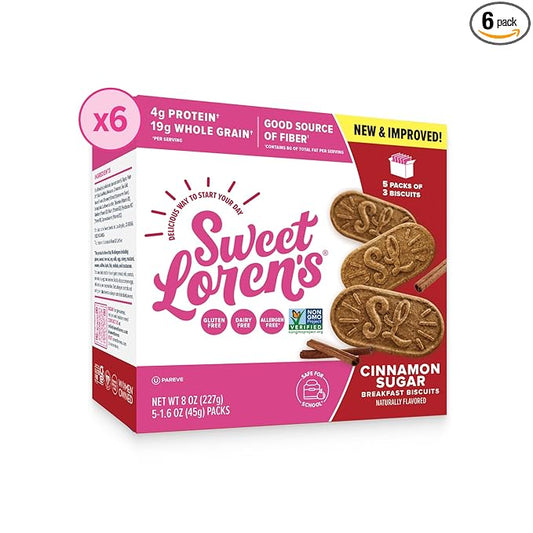 Sweet Loren's Vegan Breakfast Biscuits | Cinnamon Sugar | 4g Protein, 19g Whole Grains | Plant Based, Gluten Free, Dairy Free, Nut Free Snacks | 6 Pack (30 Total Biscuits, 1.6 ounce each)