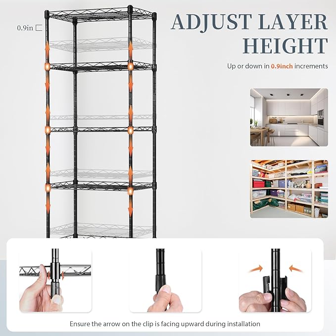 BestOffice 5-Shelf Storage Shelves, Adjustable Shelving Unit Wire Shelving Metal Shelves,11.8" D x 16.7" W x 47.6" H,Black